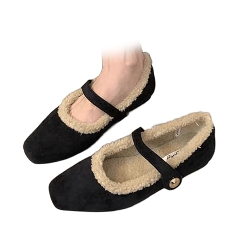 Mary Jane Flats for Women Faux Fur Ballet Flats Winter Fuzzy Warm Comfy Flats Slip On Flats Shoes Warm Plush Lined