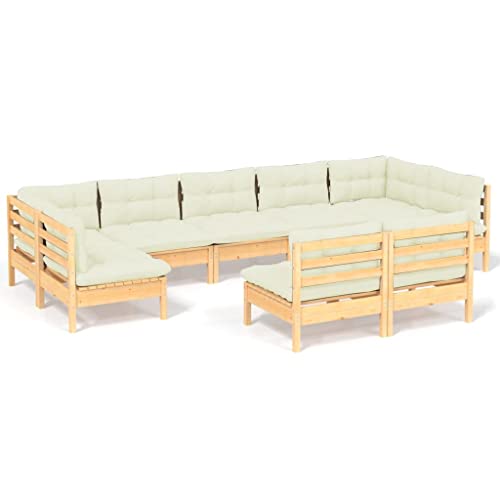 vidaXL Bois de Pin Massif Salon de Jardin 9 pcs avec Coussins Mobilier de Patio Meubles d'Extérieur Mobilier de Jardin Meubles de Terrasse Crème