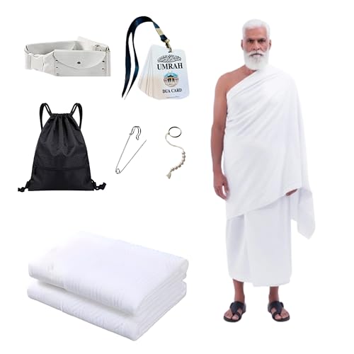 6 Pcs Set Ahram Towels for Elder Mens - Hajj & Umrah Ihram - Ehram for Islamic Pilgrimage - Belt with Builtin Bag (Ahram with Built-in Belt Bag Umrah Dua Card Tawaf Count Tasbeeh Shoebag & Pins)