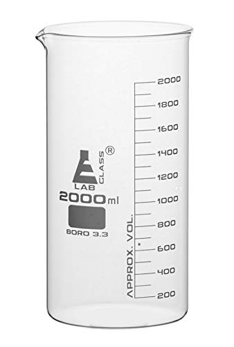 EISCO Beaker, 2000ml - Tall Form with Spout - White, 100ml Graduations - Borosilicate 3.3 Glass