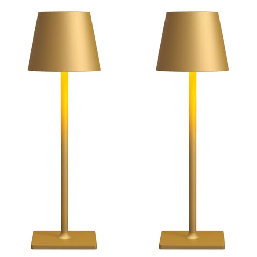 2 Pack Rechargeable Table Lamps, Gold Cordless Lamps – Battery Operated Touch Lamp, Outdoor Table Lights, Waterproof, Wireless, Portable Desk Lamp for Restaurant, Bedroom, Patio(Gold)