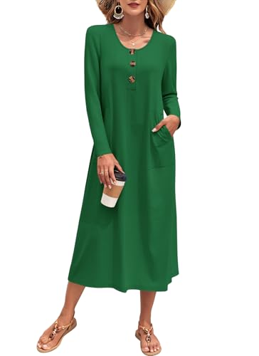 MOLERANI Long Sleeve Button Front Pockets Casual Knit Midi Dress,Green,M
