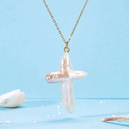 Freshwater Pearl Cross Necklace Women Dainty Single Baroque Pearl Pendant Fresh Water Pearl Necklace Gold3