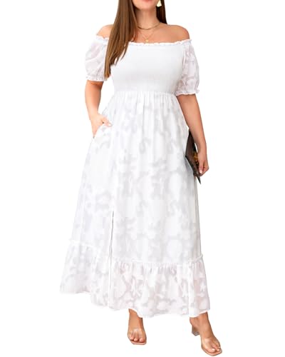 Image of Plus Size Summer Dresses Sun - Maxi Boho Casual Off Shoulder Floral Lace Long Dress with Pockets