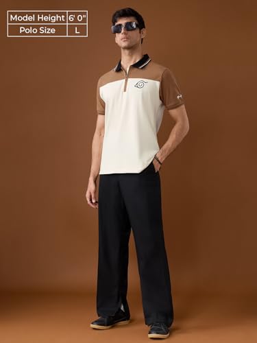 Image of The Souled Store Naruto Shippuden: Team Seven Men and Boys Short Sleeve Spread Collar Off White and Brown Embroidered Cotton Elastane Regular Fit Breathable Stretchable Polos