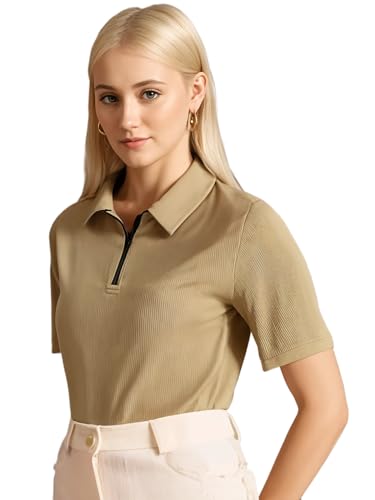 Image of Mack Jonney Ribbed |Regular Fit | Half Sleeves 100% Cotton Polo Neck Self Design with Zip T-Shirt for Women-M950