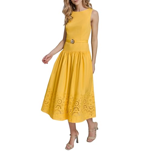 Image of Karl Lagerfeld Women's Sleeveless Boat Neck Drop Waist Belted Midi Dress