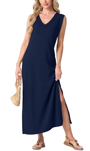 GRECERELLE 2025 Women Summer Inside-Out V-Neck Casual Loose Split Wrinkle-Free Long Maxi Beach Dress with Pockets