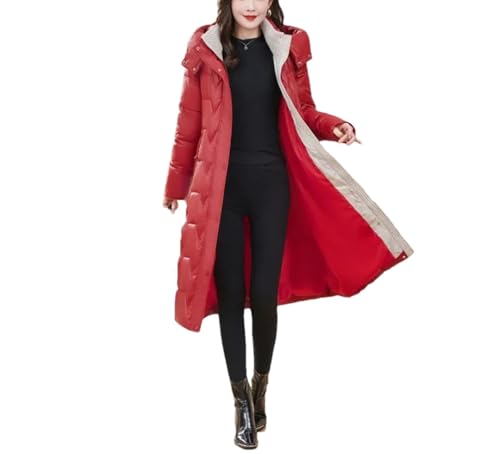 Lång parkas för kvinnor lösa huvjackor vinter dun snökläder ytterkläder, Röd, M