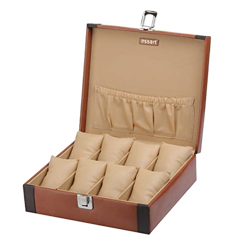 essart (Sarvika Elegant 8 Grid Watch & Jewelry Collection Box 8 Slots Watch Storage Box Removable Cushions- Tan