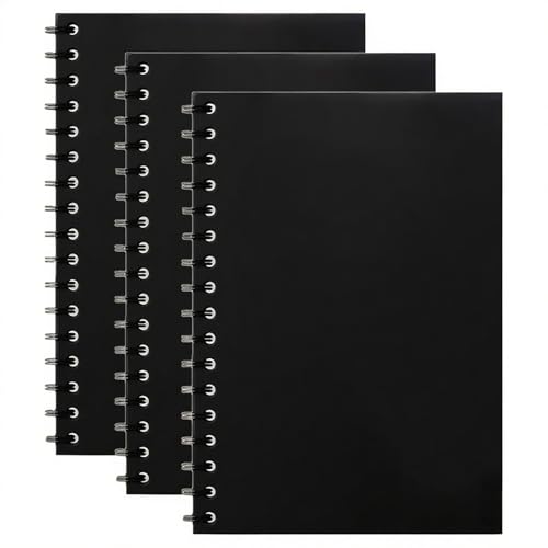 DDUP 3 Pack A5 Spiral Notebooks, 120 Pages Colorful Spiral Notebooks Bound with Hard Waterproof Matte Plastic Cover, Lined Notepad with 8mm Lines for Business Office School Travel (Black)
