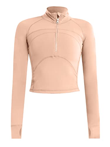 Heyielda Women Athletic Jacket Quarter Zip Pullover Cropped Workout Jacket Yoga Running Gym Shirt (Nude, Large)