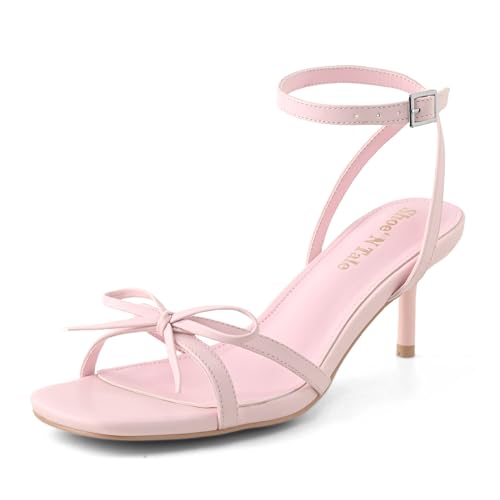Shoe'N Tale Women's Kitten Heels Bow Strappy Heeled Sandals Square Open Toe Fashion Dressy Wedding Party Shoes(8,Pink)