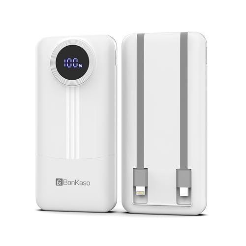 Image of BonKaso 10000mAh Power Bank 22.5W Fast Charging PD, Built-in 2-in-1 Type-C & Lightning Cable, Digital Display, Dual USB Output, Compact Portable Charger for iPhone, Android, Tablets - White