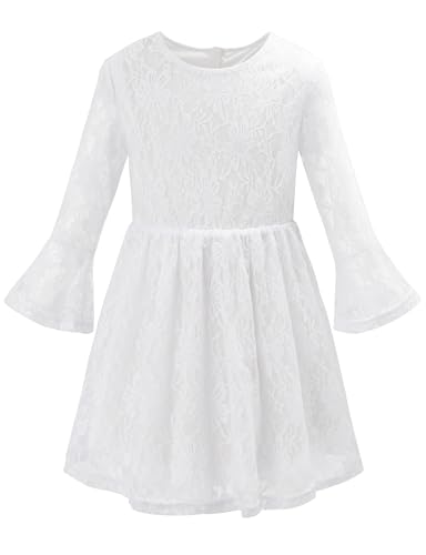 Noomelfish Toddler Bell Sleeve Lace Dress Long Sleeve Party Formal Wedding Flower Girl Dress (3-10 Years)