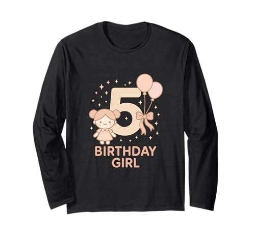 5歳の誕生日の女の子の風船と人形のデザイン。 長袖Tシャツ