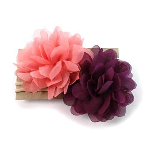 My Lello Baby Girl Rounded Petal Chiffon Flower Nylon Elastic Headbands Set 2pcs - Large - Lt. Pink/Lt. Lavender4