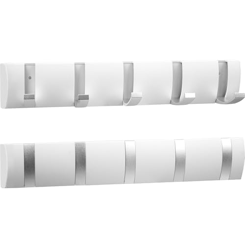 OGMBI Paquete de 2 percheros flotantes montados en la pared, perchero de aluminio blanco con 5 ganchos retráctiles, estantes plegables para colgar en la pared para sombreros, bufandas, abrigos, bolsos