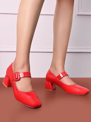 Image of XE Looks Women's Mary Jane Block Heel Pumps with Buckle Strap | Closed Toe Glossy Finish | Soft Cushioned Insole for Comfort | Stylish Heeled Shoes for Girls & Women