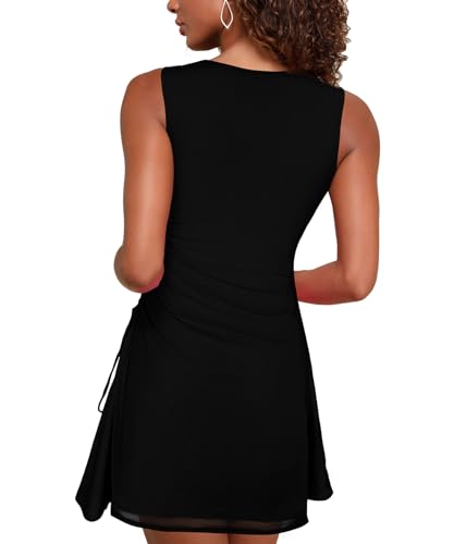 MAYFASEY Women's Sexy Mesh Square Neck Bodycon Mini Dress Ruched Drawstring Cocktail Party Club Going Out Short Dresses4