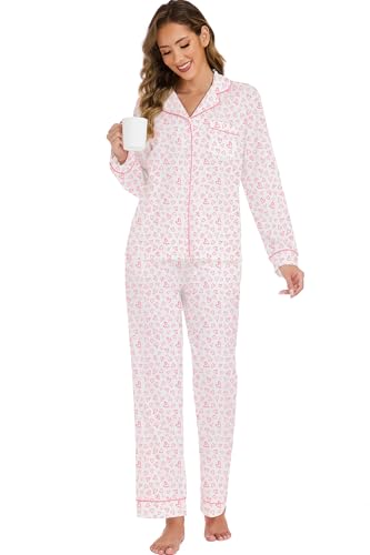 Image of LUBOT 100% Cotton Pajamas for Women Pajama Set 2 Piece PJ Sleepwear Set Soft Ladies Button Knit Long Sleeve Loungewear XS-XXL