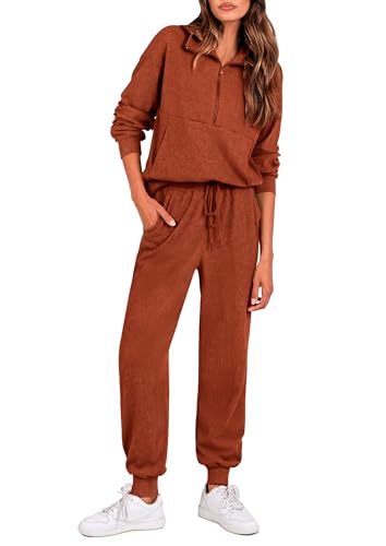 Image of PRETTYGARDEN Women 2 Piece Ribbed Knit Matching Lounge Sets | Comfy Sweat Track Suits, Athleisure Casual Outfit, Half Zip Sweatshirt & Jogger Pants, Fall Winter Clothes for Airport Travel