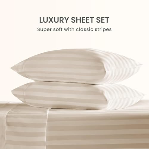 Image of Cott Linen Flat Bed Sheet with 2 Pillow Covers 600 Thread Count 100% Egyptian Cotton Bedsheet Double Size Beige Stripe Sheet