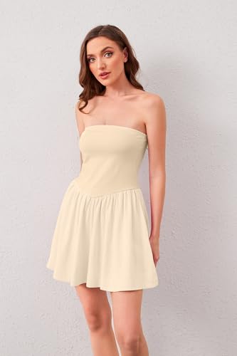 Image of Tube Top Dress for Women Summer Solid Strapless Flowy Mini Dresses Patchwork Pleated Drop Waist Flared Party Dress Beige, Large