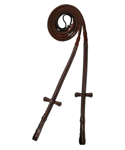 ExionPro Riendas de Caballo de Goma PP levantadas de Lujo de Cuero con Tapones de martingala | Costuras Elegantes Blancas | Alto Agarre y Alta Resistencia | Marrón Oscuro