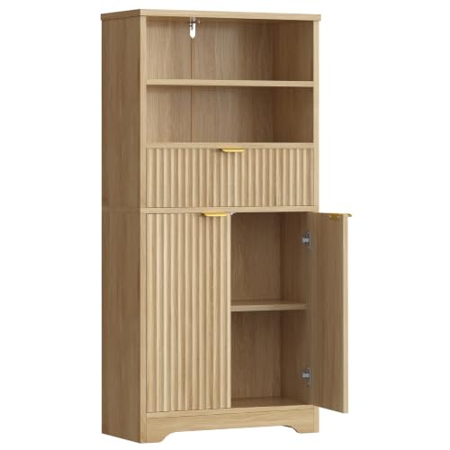 Image of TEENFON Tall Storage Cabinet with Adjustable Shelf & Drawer, Fluted Cabinet with Doors, Kitchen Pantry Cabinets, Bathroom Storage Cabinets, for Living Room, Entryway, Home Office, Natural