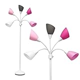 Simple Designs LF2006-WPG 67' Contemporary Multi Head Medusa 5 Light Adjustable Gooseneck White Floor Lamp with Pink, White, Gray Shades for Kids Bedroom Playroom Living Room Office, 30 x 10 x 67