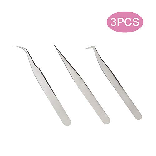Quewel Lash Eyelash Extension Tweezers Set Eyelash Applicator Tool Curved and Straight pointed Tweezers Lash Extension Supplies Stainless Steel Precision Tweezers Silver (Matte,3 pcs)