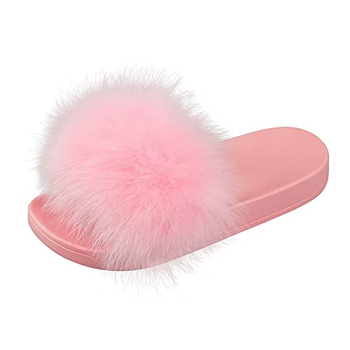 Women's Real Fox Fur Slides For Women Open Toe Cute Fur Slippers Flat Shoes Indoor or Outdoor Girls Comfort Fur Slide Sandals With Fluffy Fur