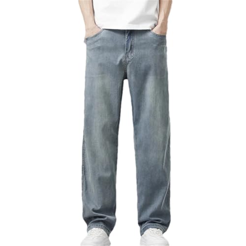Men's Summer Ultra-Thin Denim Jeans Loose Straight Fit Soft Drape Elastic Waist Casual Long Pants