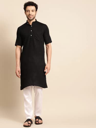 Image of Rajubhai Hargovindas Men's Pure Cotton Woven Design Half Sleeve Kurta