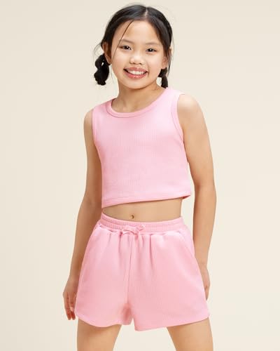 Image of Stelle Girls 2 Piece Outfits Tank Top and Shorts with Pockets 5-15 Years | Girls Ribbed Tops,Crop Tops,Scoop Neck,Sleeveless Tops,Elastic Waist Shorts,Bow Waist,Side Pockets