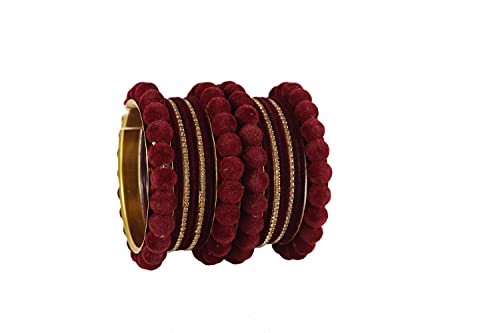 Image of NMII Stylish Metal with Golden Zircon Stone & Velvet Balls Bangles Set For Women and Girls | Fancy Designer Bangles | Short Velvet Chuda Set | Women's Fashion Jewellery