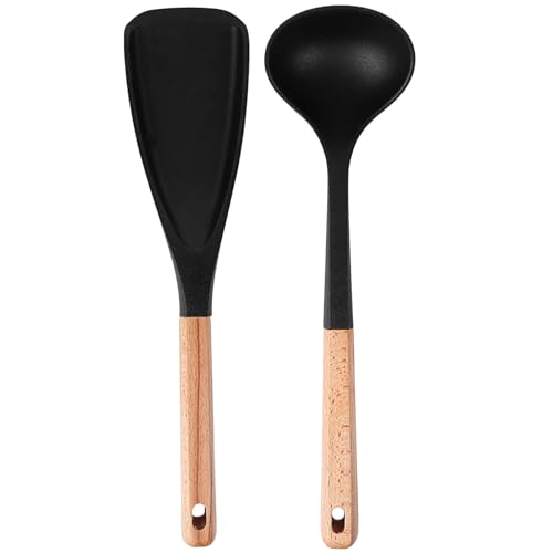 Silicone Cooking Spoons - Heat Resistant Kitchen Utensils, Nonstick Wood Handle Spatula Set with Multi-Purpose Design, Ideal for Baking, Stirring, Serving, and Cooking at Home or Restaurant
