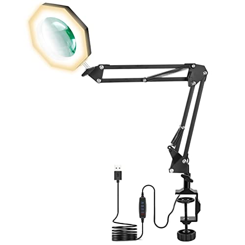 Lupe mit Licht und Ständer, 3 Farbmodi, stufenlos dimmbar, 5-Dioptrien-Glaslinse, LED-Lupe, Schreibtischlampe, verstellbare Schwenkarmlampe für enge Arbeiten, Reparaturen, Basteln Cover