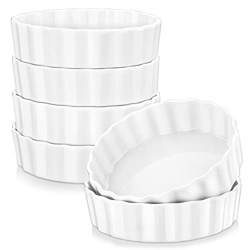 Ramekins for Baking, LOVECASA 7 Oz Creme Brulee Ramekins, Porcelain Souffle Dish Ramekins Oven Safe, Round Tart Pan Mini Fluted Quiche Dishes, Set of 6, White