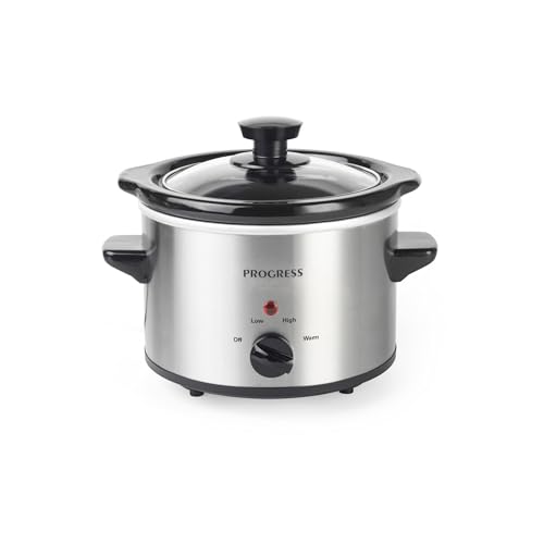 Progress EK2621P Stainless Steel Slow Cooker With Lid - 3 Heat Settings, 1.5L Removable Easy Clean Ceramic Bowl, Serves 1-2 People, Energy Efficient, Versatile Batch Cooking, Power Indicator Lights