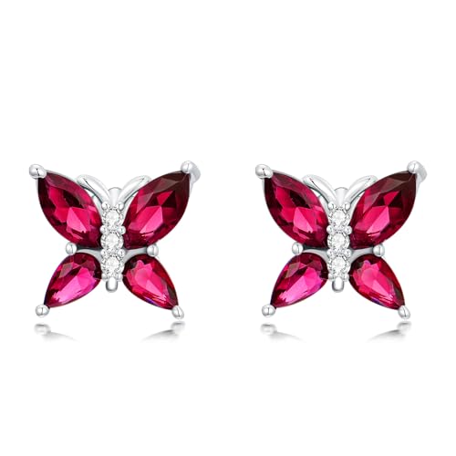 Seiyang Butterfly Birthstone Earrings 925 Sterling Silver Butterfly Hoop Huggie/Stud Earrings with 12 Months Birthstone Birthday Jewelry Gifts for Women Mom Her