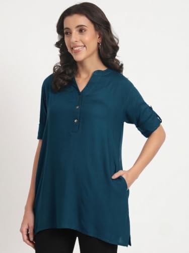 Image of Women's Roll-Up Sleeve Tunic Top, V-Neck with Button Front, Side Pockets, Rayon Short Kurti