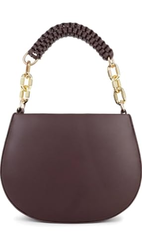 Image of LB Women's Saddle Shoulder Bag, Brown and Black, Braided Handle with Gold-Tone Hardware