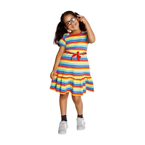 Smiletribe Toddler Girls Rainbow Print Knee Length Dress | A Line Dress | Fit & Flare Dress | Midi Girl Cotton Dress| Short Sleeve Dress for Kids