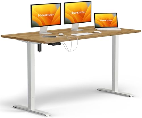 KRIEG HighDesk SMART Höhenverstellbarer Schreibtisch 140 x 80 cm I Weiß + Eiche - Elektrischer Sitz- & Stehtisch mit Tischplatte - Stehschreibtisch Elektrisch Höhenverstellbar