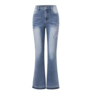 Women’s Floral Embroidered High-Waist Flare Denim Pants Slim Fit Casual Jeans