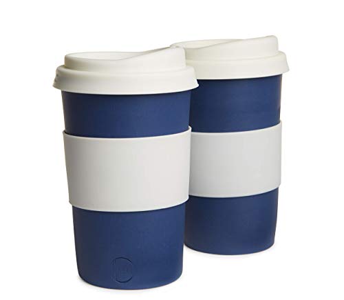 a pair of ceramic handmade to-go/travel cups for home, car or coffee shop use. Silicone lid and cuff, porcelain body. dishwasher proof. 12-14 oz. (2 cups) (Solid Blue)