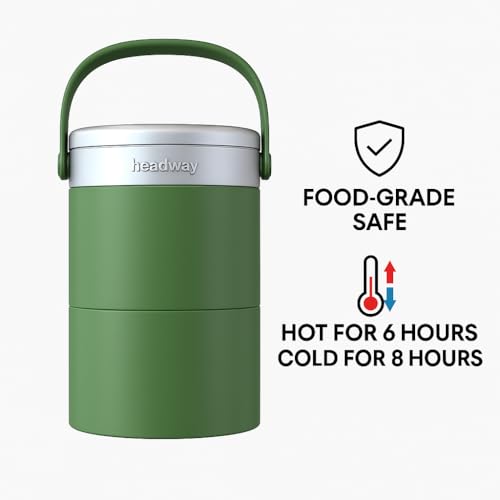 Image of Headway ZAO Insulated Heavy Duty Lunchbox-2 Year Warranty Double Wall Insulated-Matte Green 750 ML | Free Foldable Stainless Steel Spoon | Pickle Box | Hot for 6 hrs & Cold for 8 hrs
