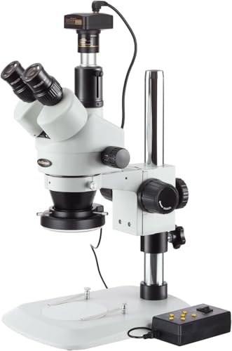 Image of AmScope SM-1TNZ-144A-10M Digital Professional Trinocular Stereo Zoom Microscope, WH10x Eyepieces, 3.5X-90X Magnification, 0.7X-4.5X Zoom Objective, Four-Zone LED Ring Light, Pillar Stand, 110V-240V, Includes 0.5X and 2.0X Barlow Lenses and 10MP Camera with Reduction Lens and Software